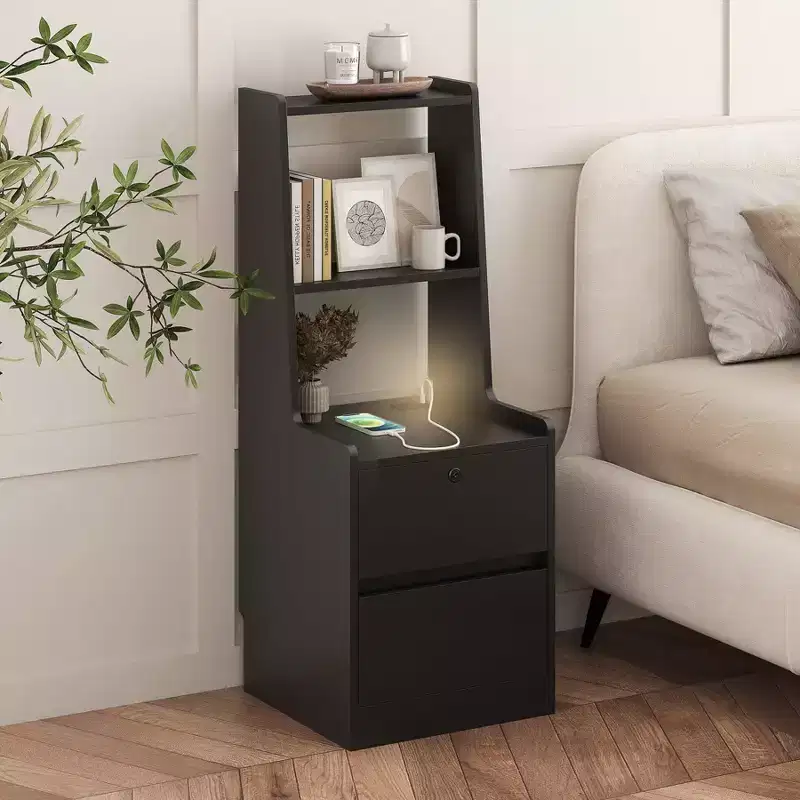 Nightstand with Charging Station & 2 Storage Drawers, Wood Night Stand with Bookshelf & Voice-Controlled Night Light