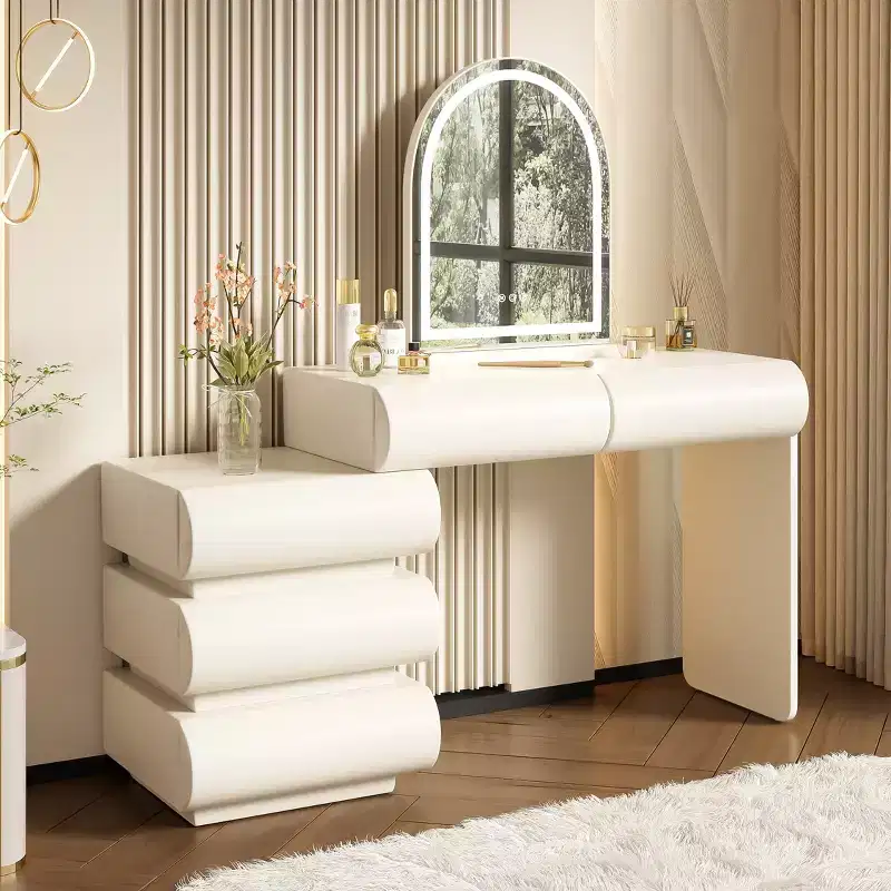 GDFStudio Madison Modern Leather Upholstered Makeup Vanity Table with LED Lighted Mirror and 5 Drawers