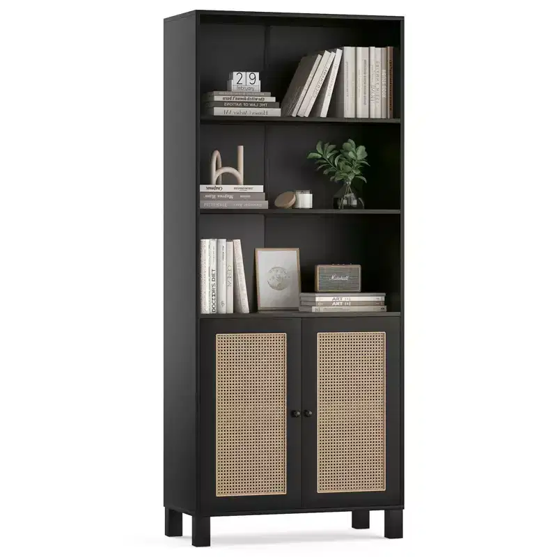 Tall 5-Tier Bookcase with Rattan Doors, Wood Storage Shelves for Library Living Room Bedroom Home Office