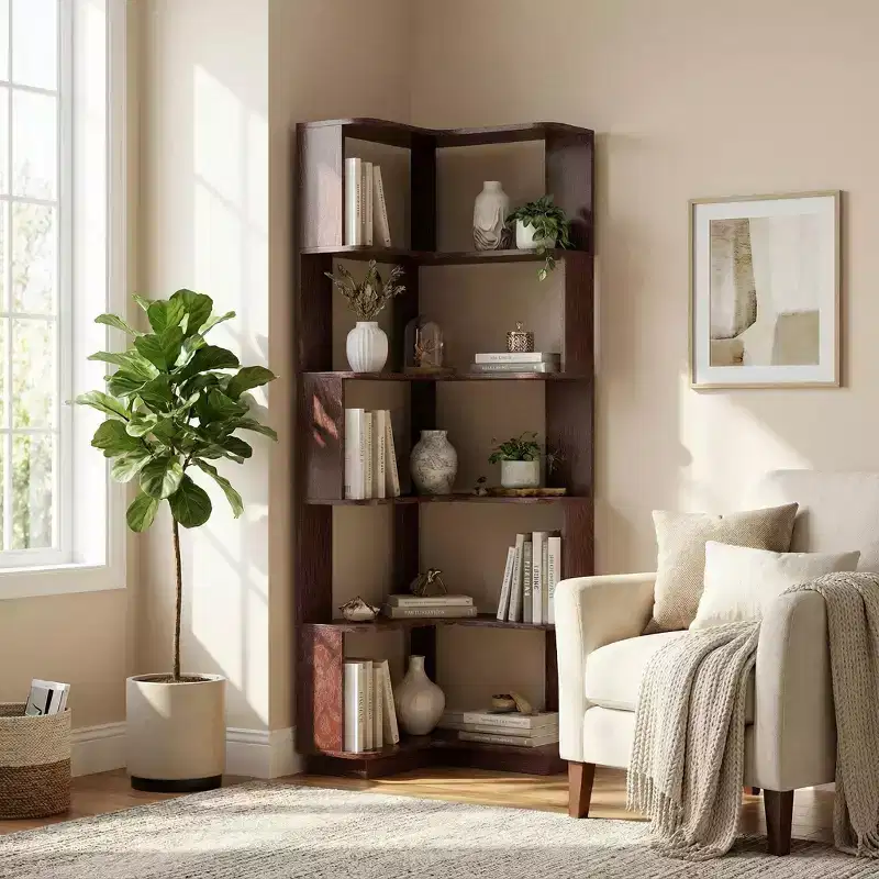 Homy Casa 6-Tier Engineered Wood Corner Bookshelf with Space-Saving Corner Design for Living Room, Bedroom & Office