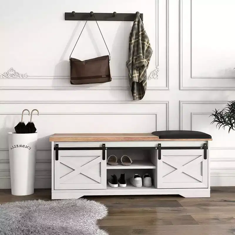 Acekool 2-Tier Entryway Shoe Bench with Cushion, Sliding Door & Adjustable Shelf, Large Storage Organizer for Narrow Spaces, White