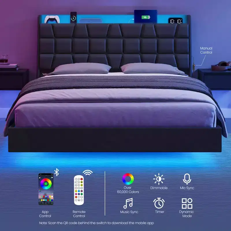 Queen Size Floating Bed Frame with LED Lights, Queen Bed Frame with Charging Station, Tufted Storage Headboard, Upholstered Platform Bed Frame