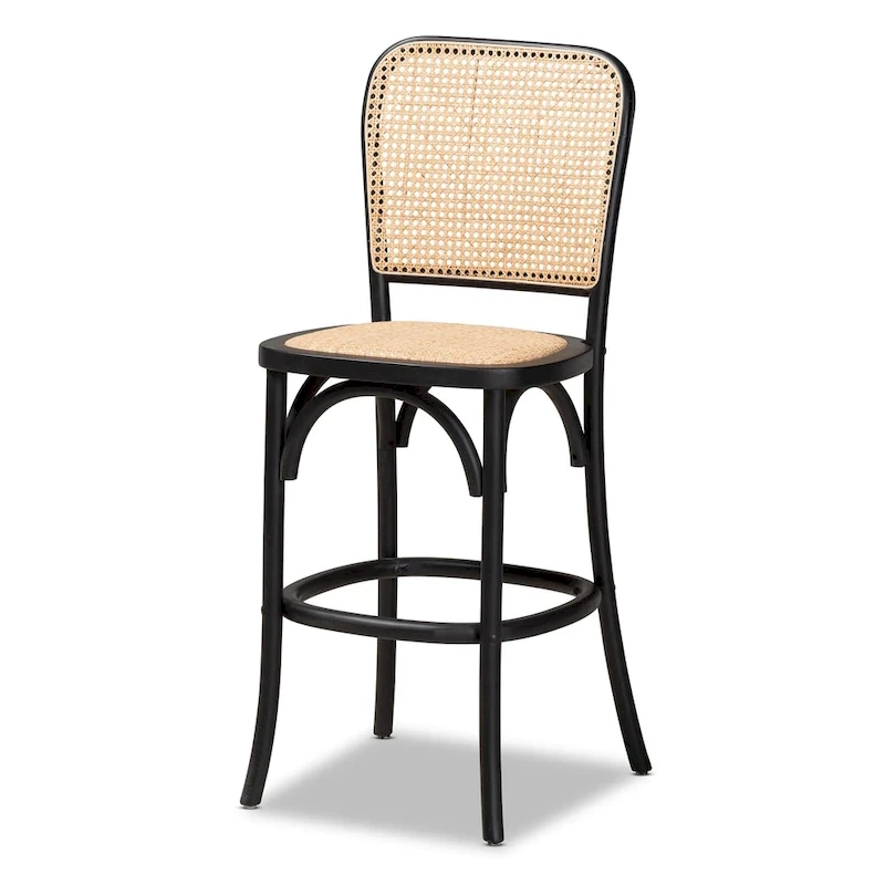 Vance Mid-Century Modern Woven Rattan and Wood Counter Stool