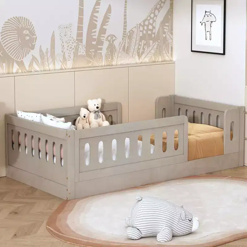 Twin Size Floor Platform Bed for Kids, Wood Montessori Platform Bed Frame with Guardrail for Child