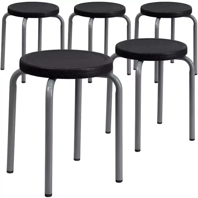 5 Pack Stackable Backless Stool - Black Seat, Silver Powder Coated Frame