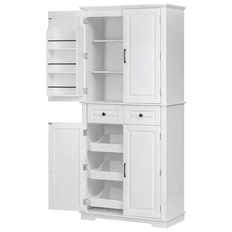 sumyeg 71 Kitchen Pantry Cabinet with 3 Pull-Out Organizers, 2 Drawers, 6 Door Shelves, Embossed Farmhouse Design