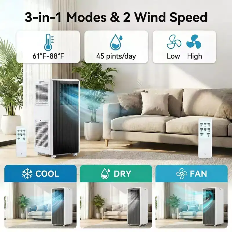 Portable Air Conditioner 8,000 BTU, Cools Rooms Up to 350 Sq. Ft, Dehumidifier, Fan, Sleep Mode, Remote Control, Quiet AC Unit with Window Mount Kit