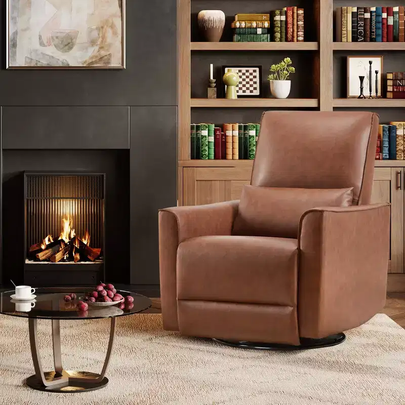 Swivel Rocking Recliner Chair, Manual Faux Leather Upholstered Glider Rocking Nursery Recliner with Lumbar Support for Living Room Bedroom