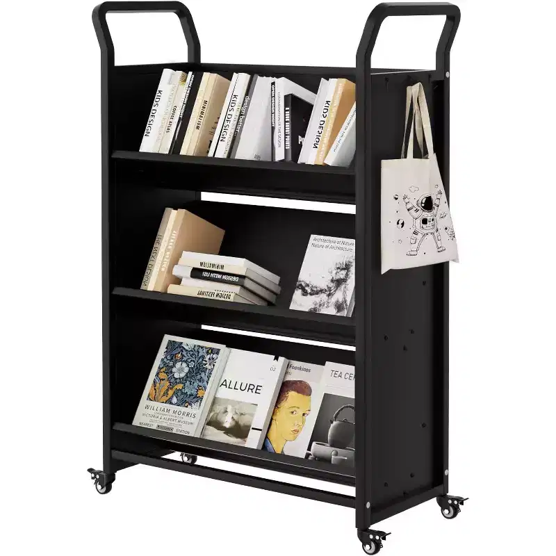 3-Tier Heavy-Duty Rolling Book Cart with Lockable Wheels Metal Storage Organizer with V-Shaped Shelves, Side Hooks, Compact Design for Home, Office