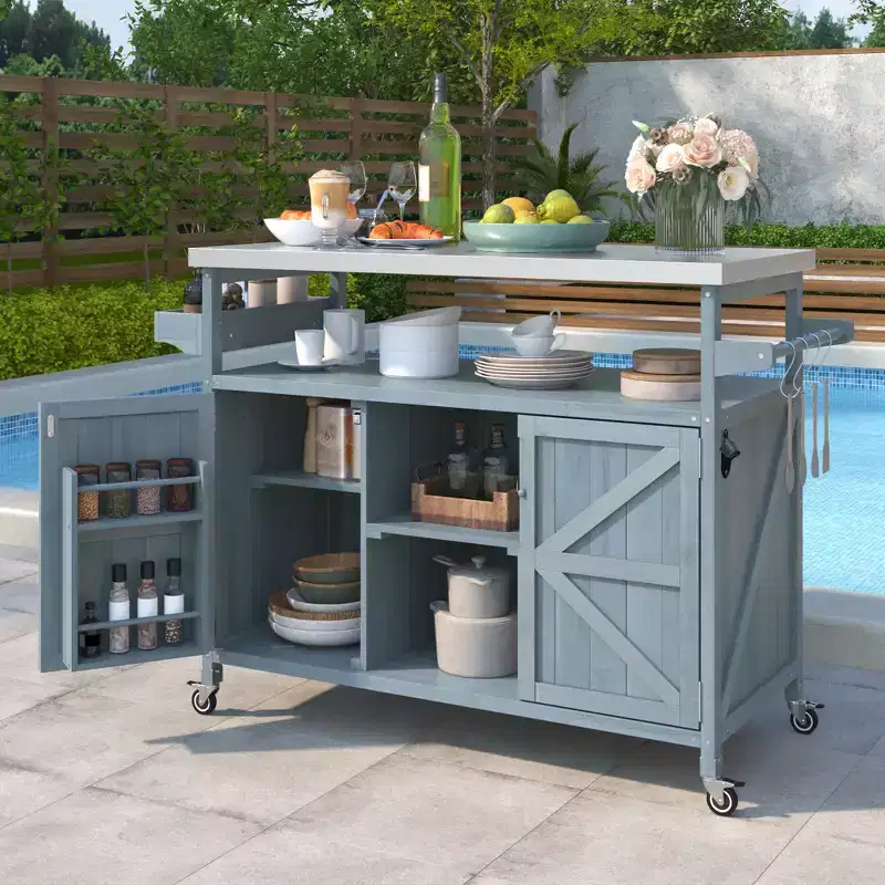 Outdoor Mobile Kitchen Island & Storage Cabinet Farmhouse Style Stainless Steel Countertop Spice Rack Suitable for Kitchens Gray-Blue