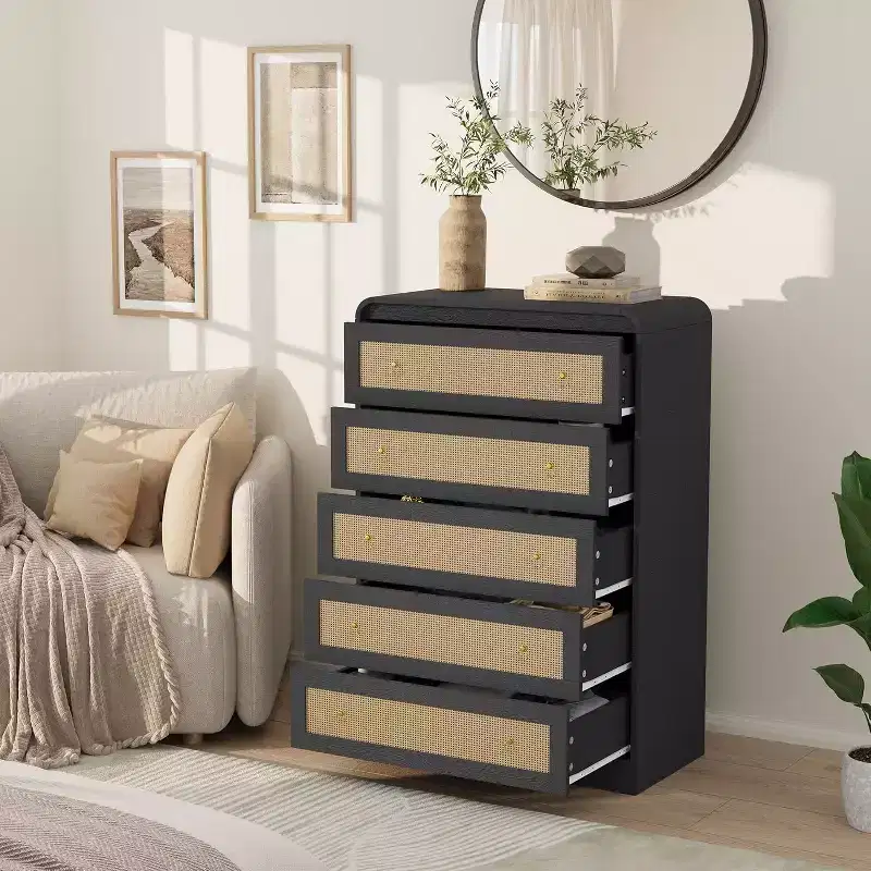5 Drawer Dresser for Bedroom, 31''Tall Rattan Dresser,Wooden Dresser for Closet,Rounded Corners TV Stand, Modern Dressers for Living Room, Hallway