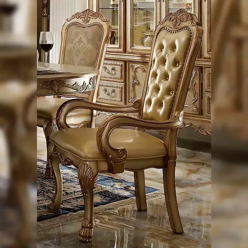Set of 2 PU Upholstered Dining Armchairs – Bone White & Gold Patina, Button Tufted, Nailhead Trim