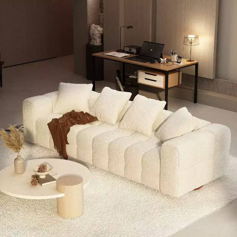 100.8W Modern 4-Seat White Teddy Velvet Sofa with Solid Wood Base