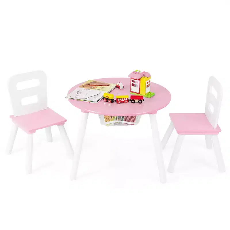 Kids Wooden Round Table & 2 Chair Set with Center Mesh Storage
