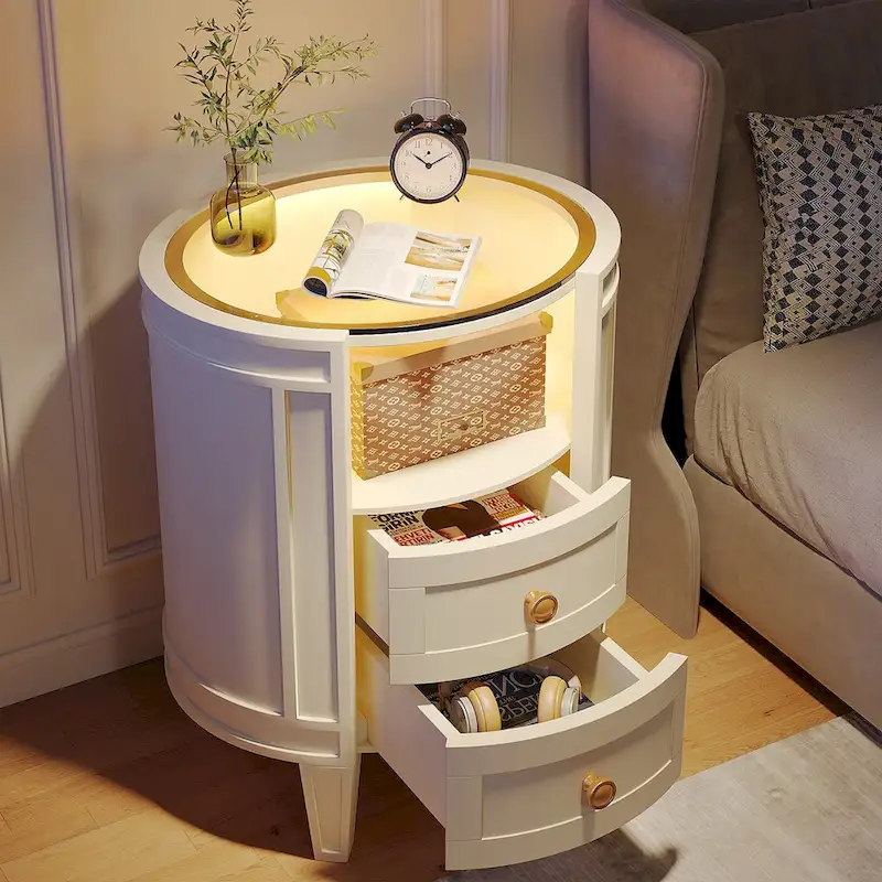 Round Nightstand with 2 Drawers, LED Light and Open Shelf – 25.5 Inch Tall