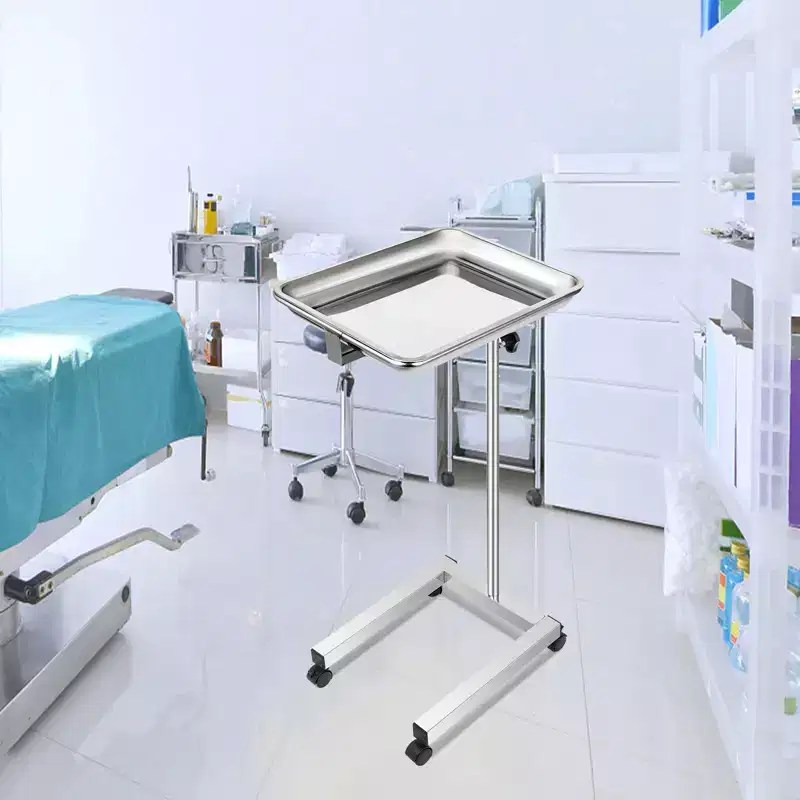 Lab Cart, Stainless Steel Mayo Tray Stand 18 x 14 in Trolley Mayo Stand, Adjustable Height 32-51 in Instrument Tray, Silver