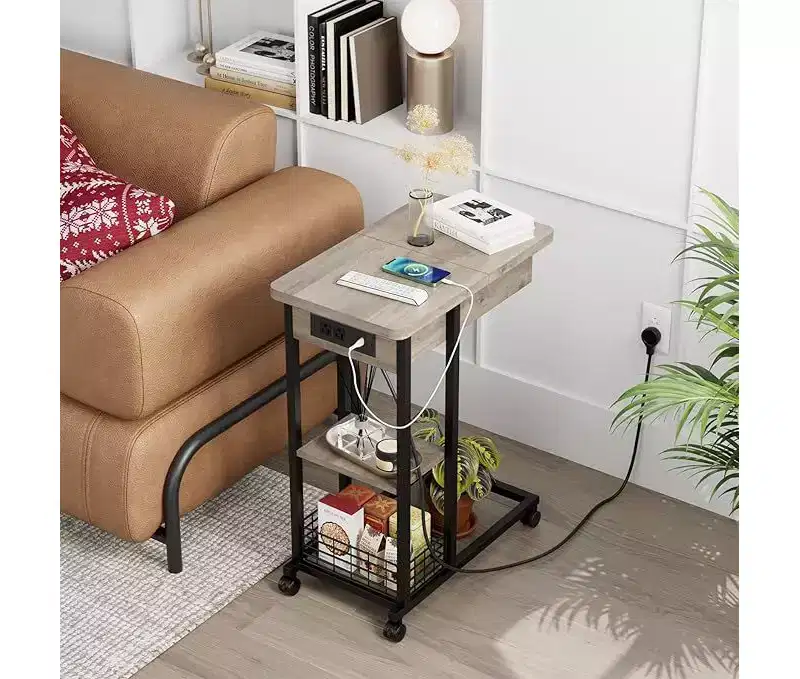 C-Shaped Foldable Side Table with Built-In Charging Station, USB Ports, and Outlets for Living Room and Bedroom - Compact, Narrow Design