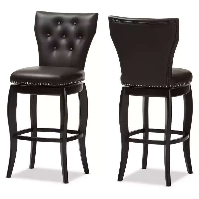 Baxton Studio 29" Leonice Faux Leather Upholstered Button Tufted Swivel Barstool Dark Brown: Rubberwood Frame, Padded Back