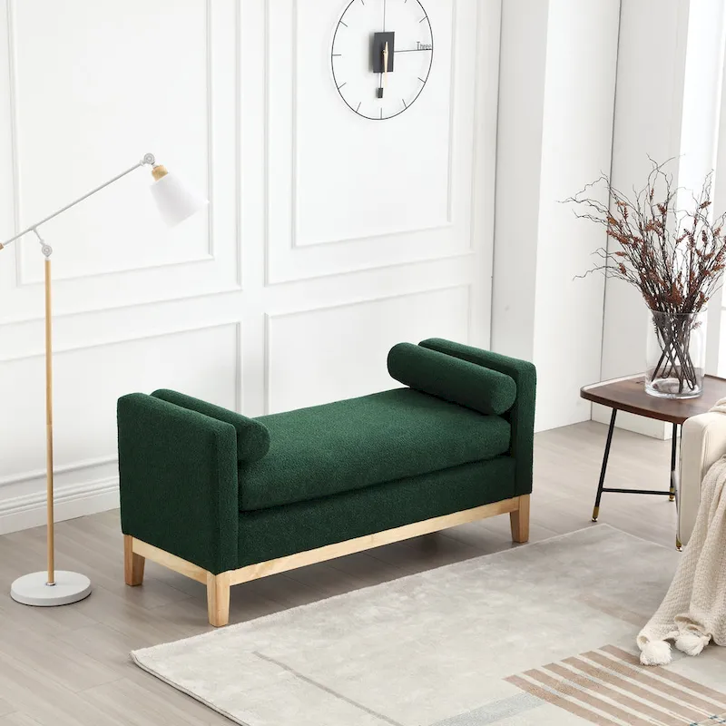 Upholstered Bench Wood Legs and Bolster Pillows
