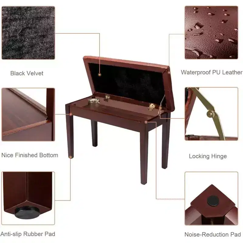 Brown Button-Top Piano Bench With Storage