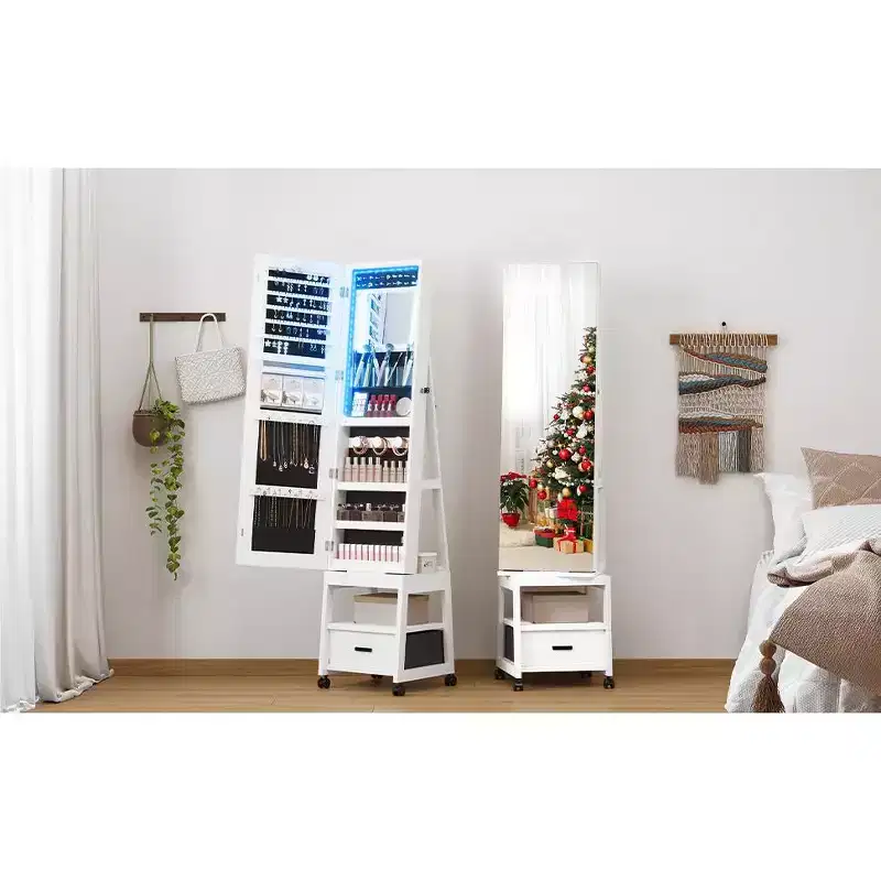 360 Swivel Jewelry Cabinet With Led Lights, Rotatable Full Length Mirror With Jewelry Storage,Lockable Standing Jewelry Armoire Organizer