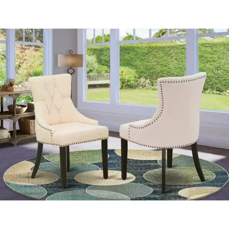 HomeStock Friona Parson Dining Chairs Button Tufted Linen Fabric Light Beige Black