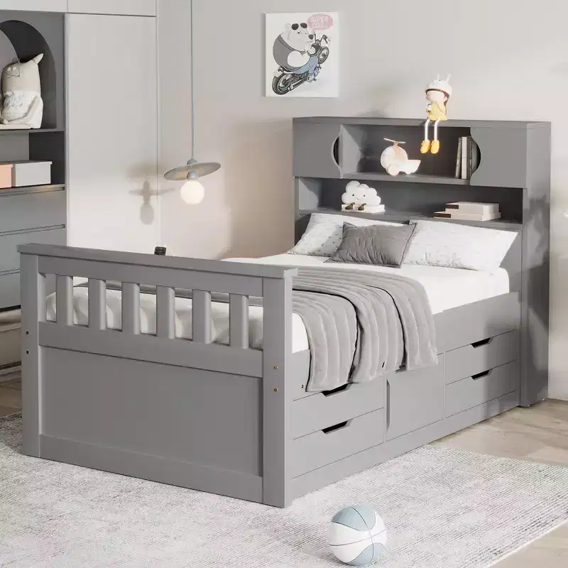 Twin Size Captain Platform Bed Frame with Storage Bookcase Headboard and 4 Drawers, Twin Wood Storage Bedframe for Bedroom