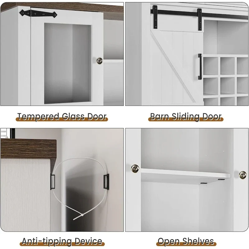 Modern Farmhouse Coffee Bar Cabinet with LED Lights & Power Outlets, Kitchen Cabinet