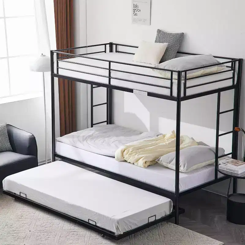 Blcak Twin over Twin Bunk Bed with Trundle, Heavy Duty Metal Bed Frame with Safety Rail Side Ladders
