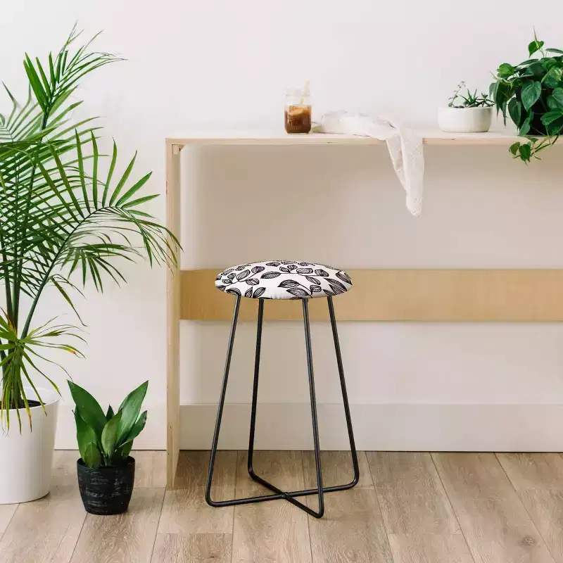 Julia Da Rocha The Leaves Counter Height Barstool Black - Deny Designs: Faux Leather, Steel Frame, Artist Design
