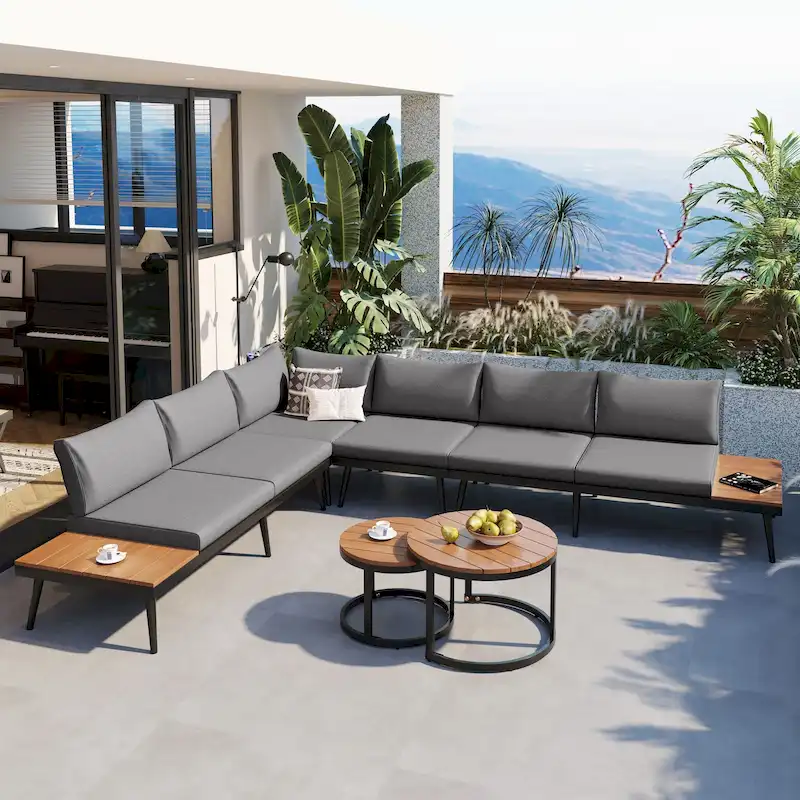 Nestfair 6-Piece Outdoor Sectional Sofa Set with Round Nesting Coffee Tables and Cushions