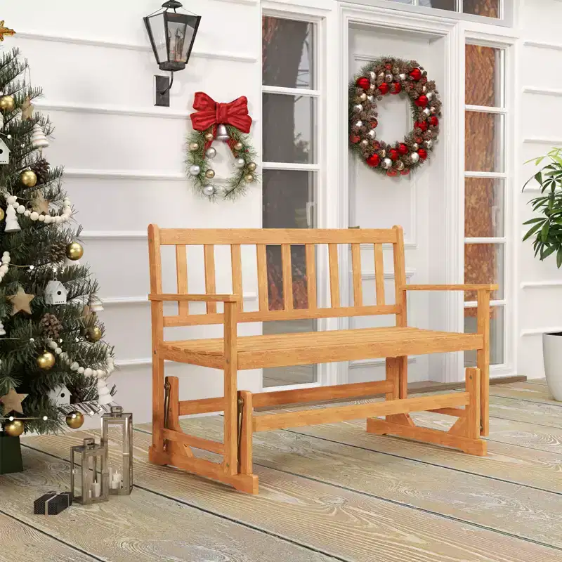 Costway 2 Person Patio Glider Bench Solid Acacia Wood Porch Glider Chair w/ Seat