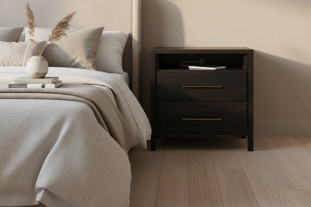 2-Drawer Bedroom Nightstand in Rubbed Black Finish with Large Storage Drawers