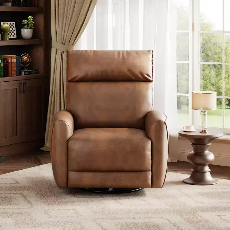 Modern Power Recliner Chair with USB Ports - PU Leather 270 Swivel Rocker for Living Room Nursery Bedroom - Brown