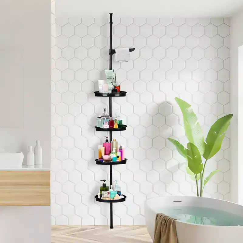 Corner Shower Caddy Tension Pole, 4-Tier Standing Bathroom Shower Organizer Shelves, Quick Install, No-Drill Quick Installation