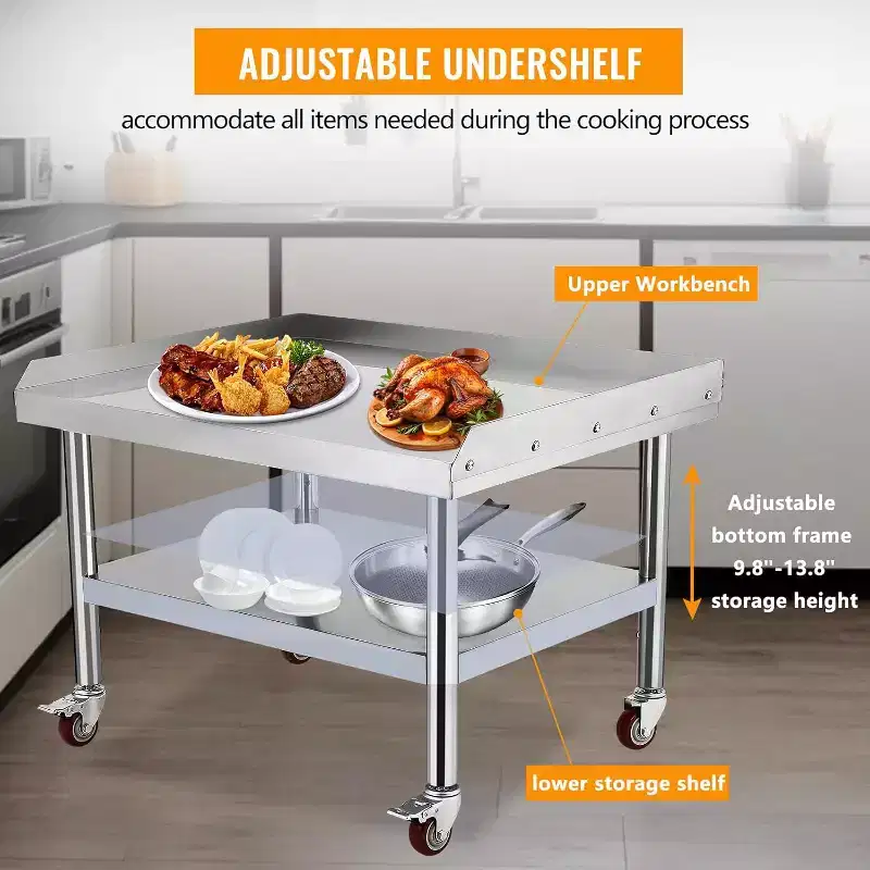 36x28x24 Stainless Steel Equipment Grill Stand Table,1000 lbs Top Shelf,220 lbs Bottom Shelf,Adjustable Legs,2 Edge Baffle