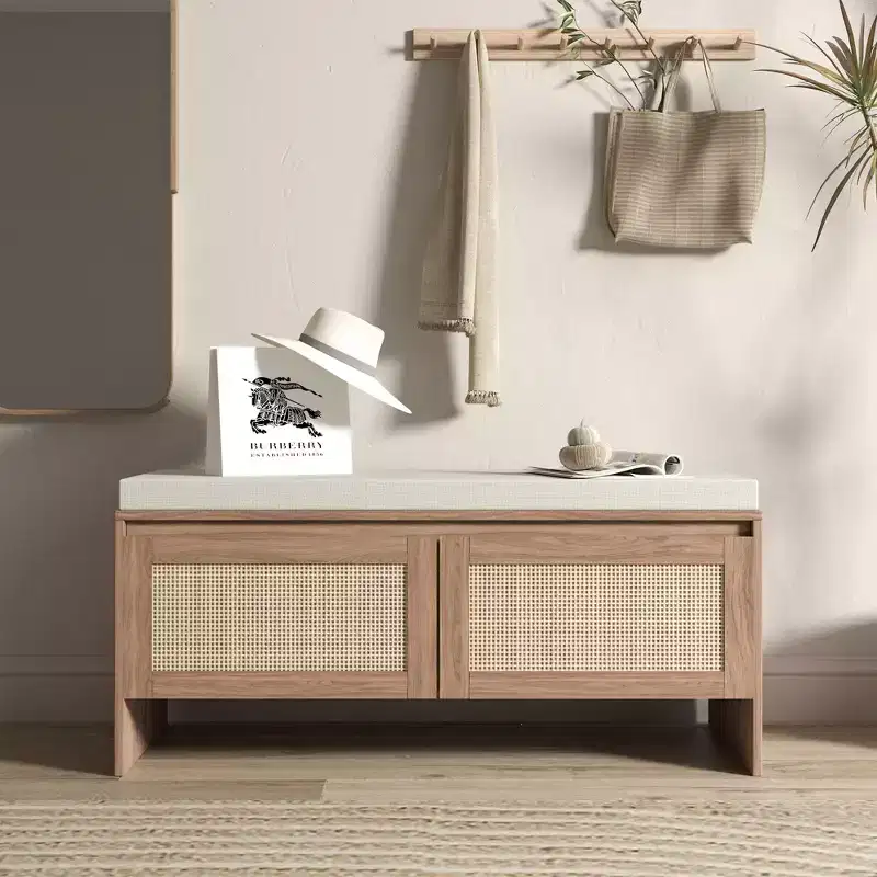 Boho Style PP Rattan Storage Shoe Bench with Cushion, Sturdy Wooden Entryway Bench for Seating and Storage, 2-Door Shoe Organizer