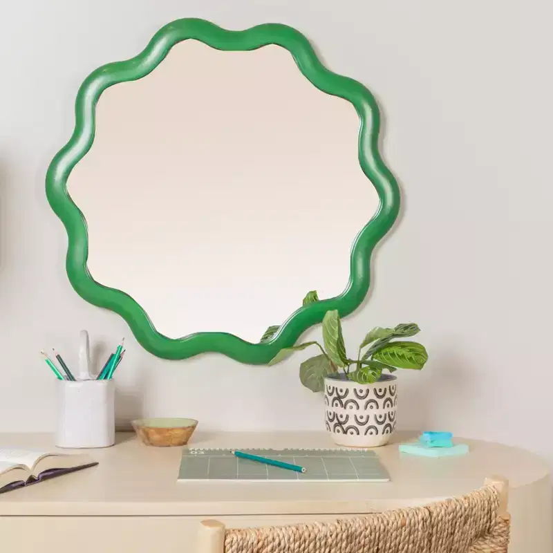 Storied Home Scalloped Wood Wavy Wall Mirror, Green