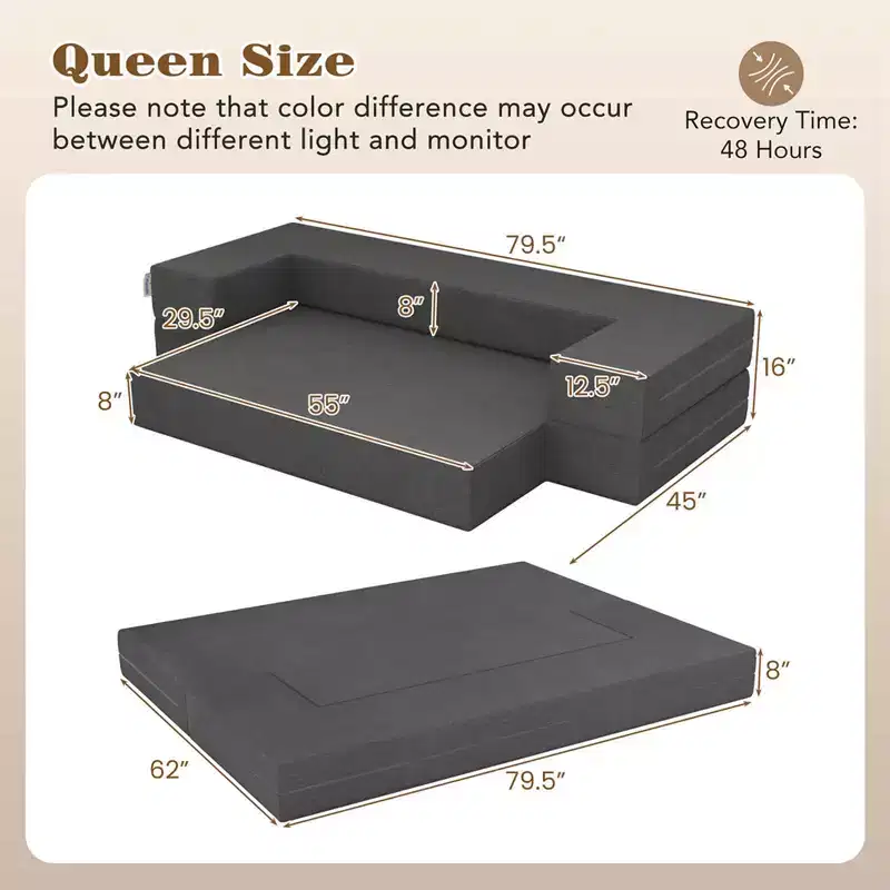 8-Inch Folding Sofa Bed with High-density Foam & Washable Cover Twin/Queen Size