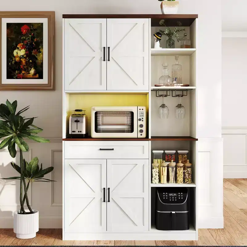 71 in. Tall Multifunctional Storage Cabinet with Wine Rack and Drawer, Antique White