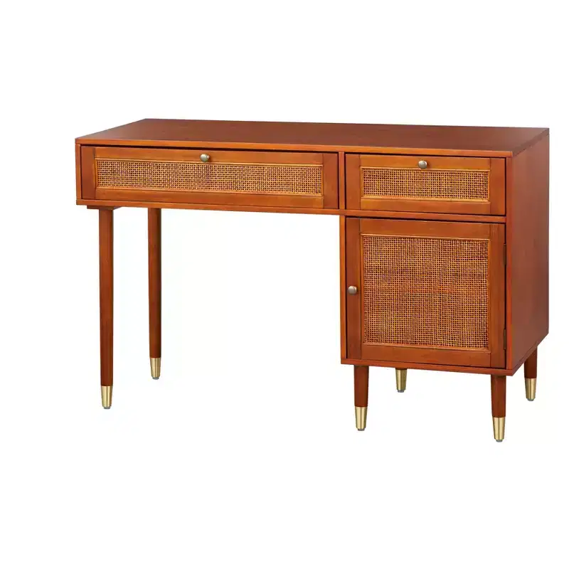 Mid-Century Walnut Desk with Faux Rattan Accents, 2 Drawers & Cabinet