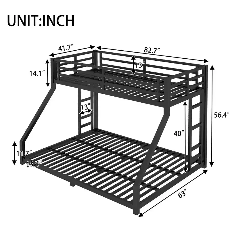 Twin XL over Queen Bunk Bed with Ladder and Safety Guardrail – Black