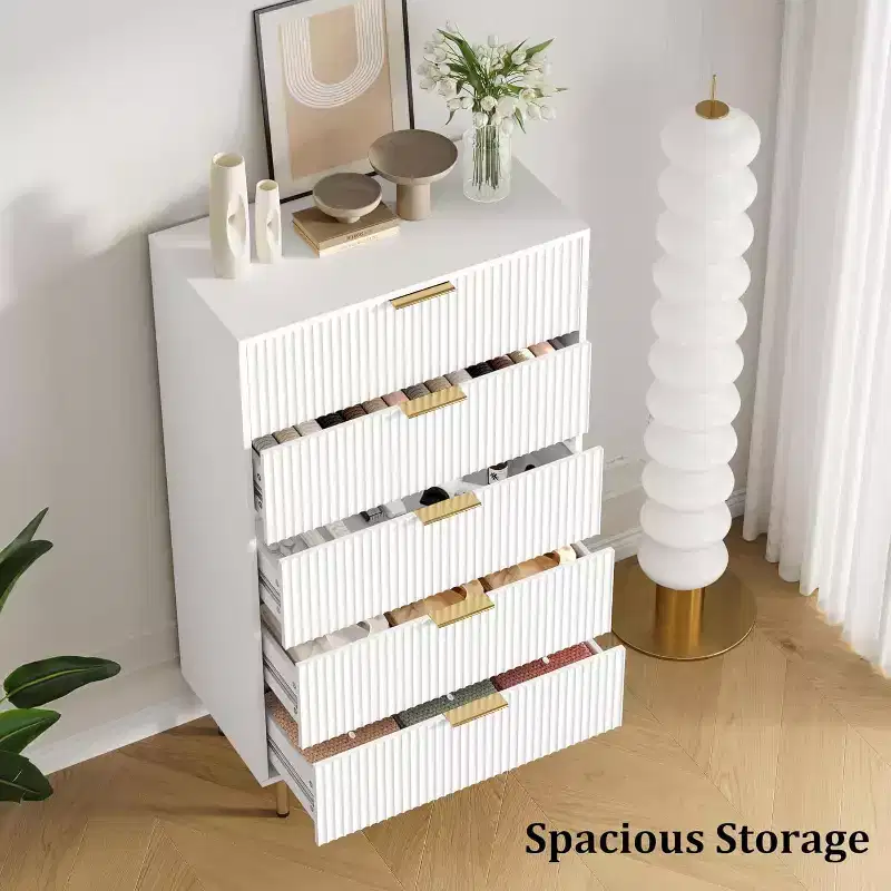 5 Drawer Dresser, Tall Modern Chest with Fluted Panels & Wide Gold Handles, Bedroom Storage Organizer for Closet, Living Room, Entryway