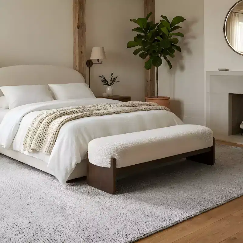 Upholstered Bench with Rubberwood Legs, Oval Entryway Bench Ottoman for Bedroom, Living Room - ModernLuxe