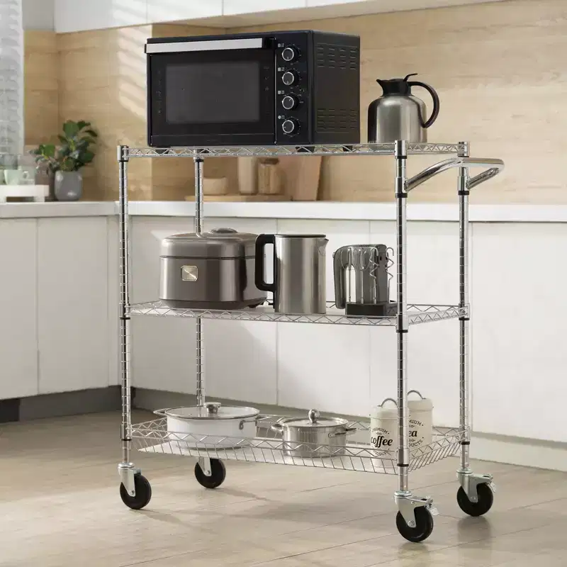 3-Tier Wire Rolling Kitchen Utility Cart, 661LBS Capacity, Curved Handle, PP Liner & 6 Hooks