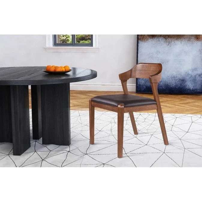 Mid-Century Dining Side Chair, Rubberwood, Faux Leather Padded Seat, Chestnut Wire-Brush Finish