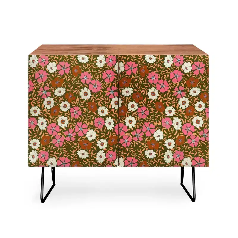 Jirra Floral Olive Walnut Credenza - 2 Doors, Adjustable Shelf