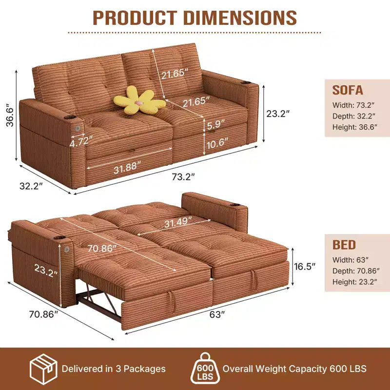 MooxvMoo 73 Queen Size Loveseat Sleeper Sofa w/ Pull Out Bed, Pockets and USB, Modern 2 Seater Convertible Small Couch for Living Room, Orange