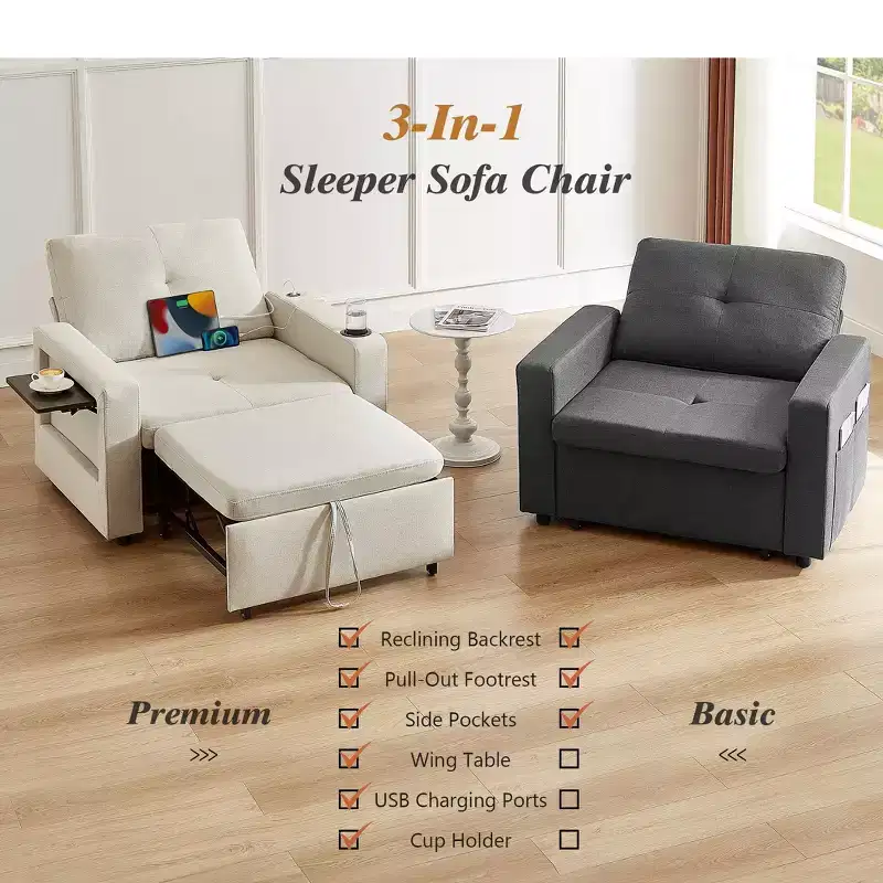 Dyonery 3-in-1 Sleeper Sofa Chair Bed 42.5 W Convertible Sleeper Chair with Pull Out Bed