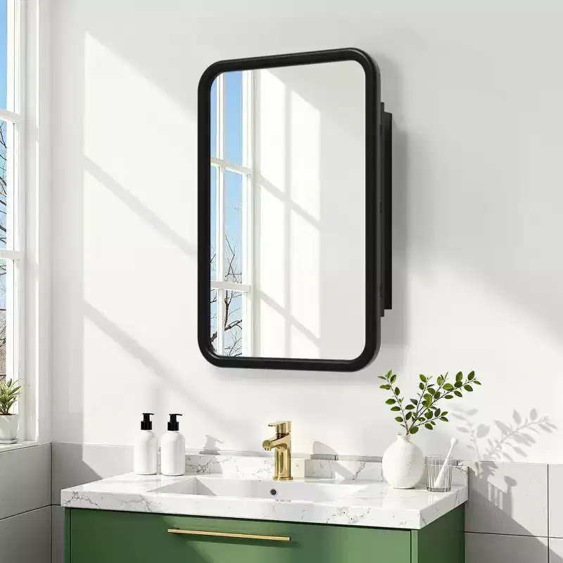 19.5 x 29.64 Inch White Rounded Rectangular Wrought Iron Framed Medicine Cabinet With Mirror, Wall-mounted Mirror Cabinet For Bathroom